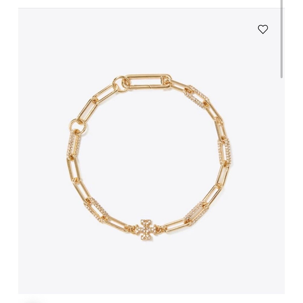Tory Burch Icon Pavé Chain Bracelet 18k Gold Plated / Crystal Logo New $260